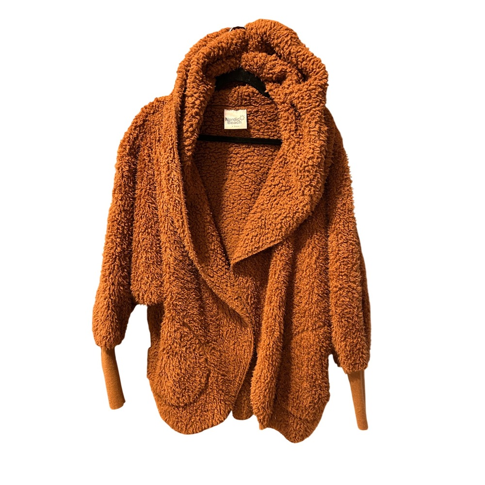 Nordic Beach Body Wrap Cider Rust Orange Sherpa Fleece Hooded Cardigan One Size